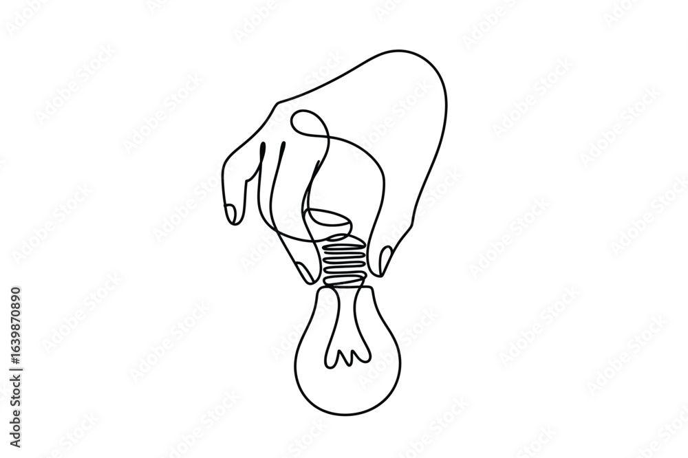 Poster continuous one-line drawing of a hand holding a light bulb. a simple minimalist line art.