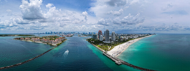Aerial view of South Beach coastline. Miami skyline with tropical blue waters panorama. Panorama...