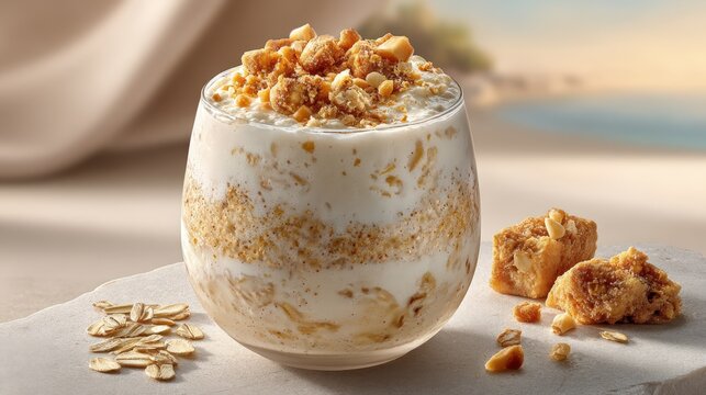 Creamy Colombian avena con leche served in a glass chalice on a serene backdrop