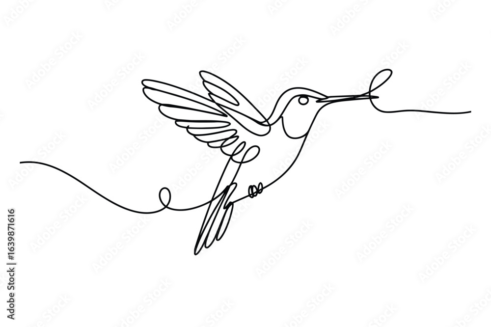 Poster continuous one-line drawing of a hummingbird. a simple minimalist line art.