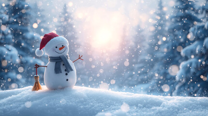 Merry christmas and happy new year greeting card with copy-space.Happy snowman standing in christmas landscape. cheerful snowman standing on a pristine snowdrift. 