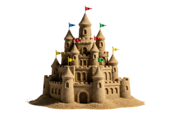 Intricate sandcastle fortress with colorful flags isolated on transparent background