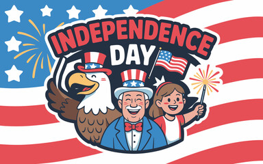 Naklejka premium Independence Day Celebration with Eagle Uncle Sam and Girl vector