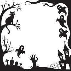 Halloween themed frame with black cat ghosts haunted house and spooky elements design