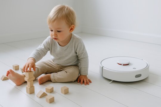 Toddler enjoys playtime with building blocks and a robot helper in a bright room - Powered by Adobe