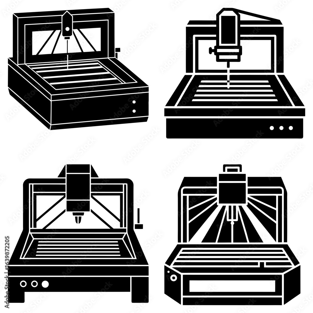 Aufkleber four black and white cnc machines with different perspectives in a vector graphic design layout