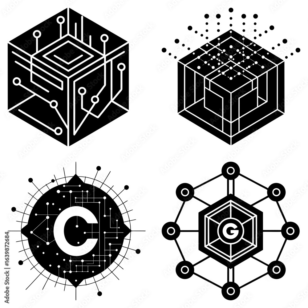 Poster four abstract black and white designs featuring geometric shapes and circuit board elements in a gri