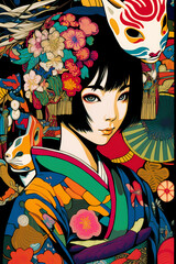Fototapeta premium Japanese Fantasy Portrait with Floral and Mask Motif