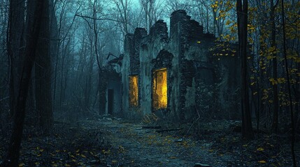 Mysterious ruins illuminated by inner light in a shadowy forest.