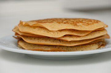 Appetizing Pancakes Served on Plate with Syrup