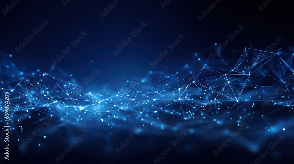 Poster a network of glowing blue lines and dots forms an intricate design, representing data flow and inter