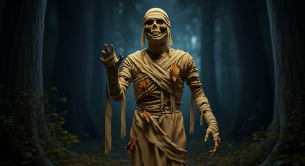 Fototapeta premium A mummy stands in a dark forest with its hand raised in a spooky and eerie halloween scene