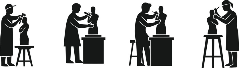 Artist Sculpting Clay Statue Silhouette Icon Vector Set - Creative Work and Art