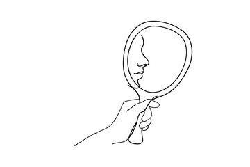 Minimalist continuous line drawing a hand holding a mirror reflecting a face reflection