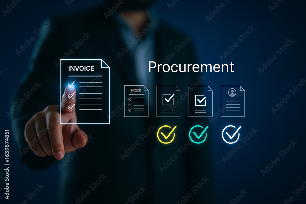 Poster businessman managing the procurement process, approving digital invoices and contracts on a virtual 