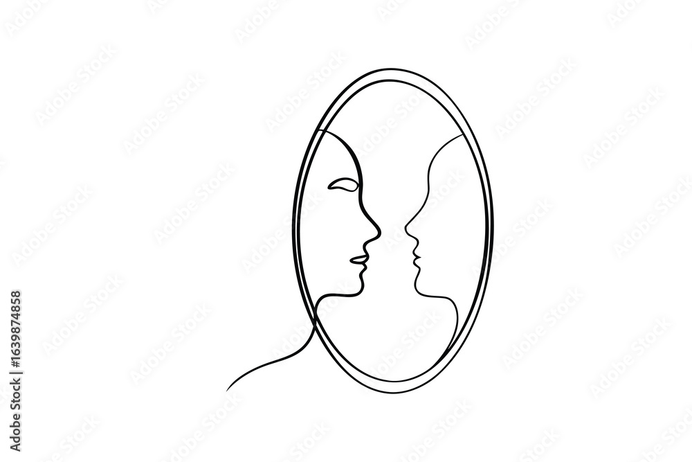 Poster minimalist continuous line drawing two faces in profile facing each other abstract