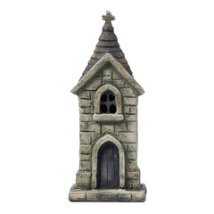 Miniature Stone Church Gothic Architecture Model Cross Steeple isolated on transparent background cutout