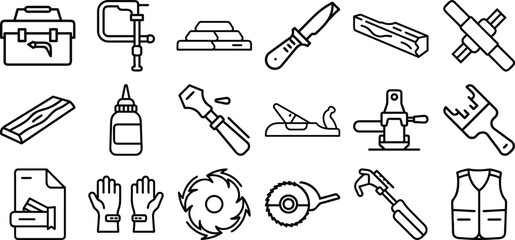 Carpenter tool outline icon set, line icon bundle, editable stroke icon collection