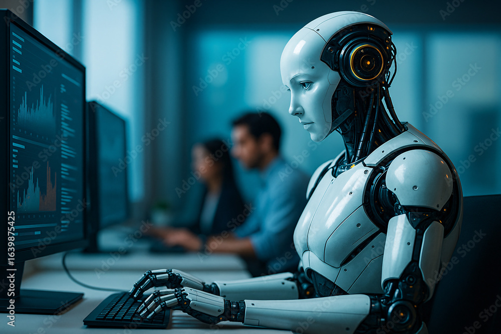 Poster ai humanoid robot analyzing financial data on a computer, working alongside human colleagues. concep