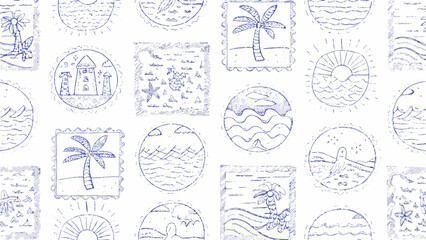Seamless pattern featuring hand drawn tropical beach scenes and coastal elements in a repeating design silhouette