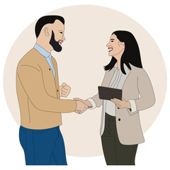 Two professionals smiling and shaking hands during a business meeting, with one holding a tablet, symbolizing partnership, agreement, and positive collaboration in a modern corporate setting.