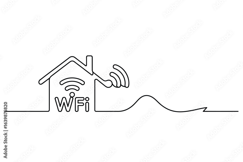 Poster continuous one-line drawing of a house with a wi-fi symbol. a simple minimalist line art.