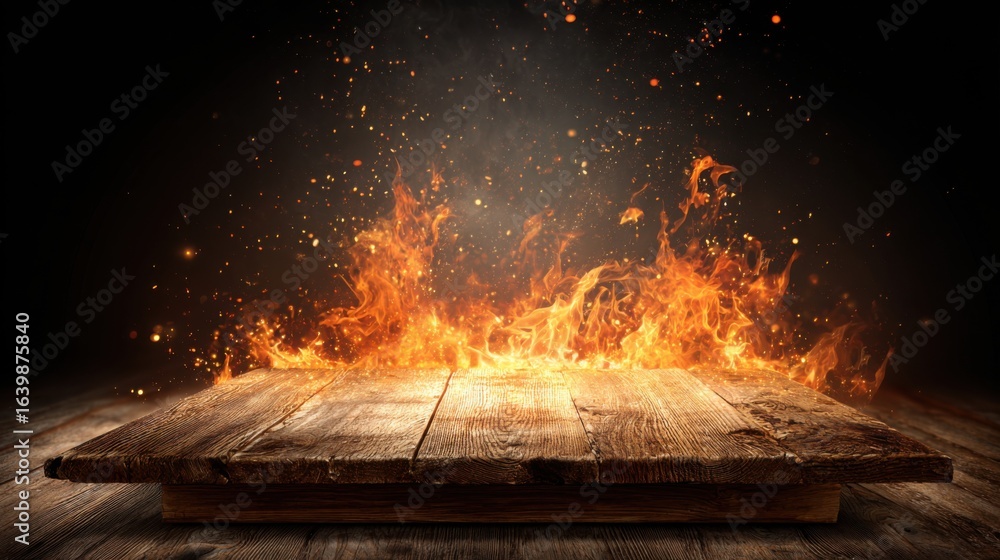 Poster bright flames rise dramatically from a textured wooden surface, illuminating the surrounding darknes
