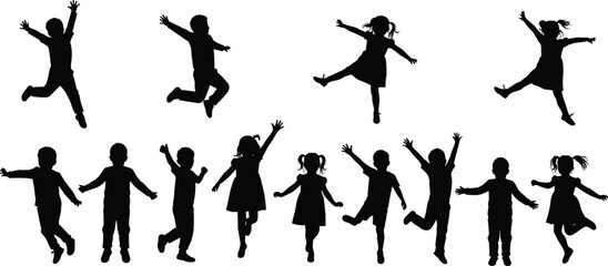 Silhouettes of joyful children jumping, running, and playing, boys and girls in energetic poses, isolated on white background