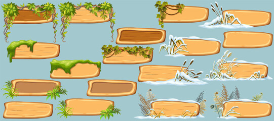 Cartoon game panels with swamp moss, forest lichen, liana branches, jungle leaves, ivy. Marsh reed under snow. Swamp cattails, fern winter. Broken weed and snowdrifts. Vector signboards, frames.