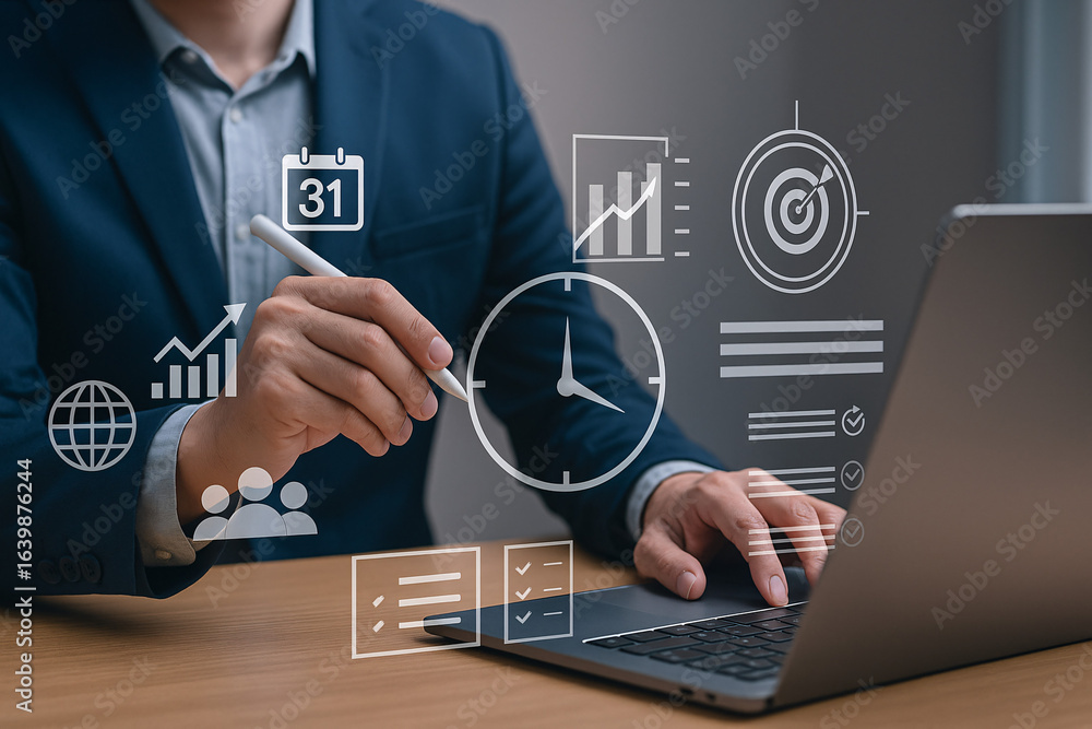 Poster businessman using a laptop and virtual dashboard for project management, analyzing business data, an