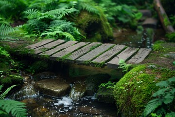 Obraz premium Small wooden footbridge crossing gentle stream, surrounded by moss and ferns, tranquil zen nature scene.