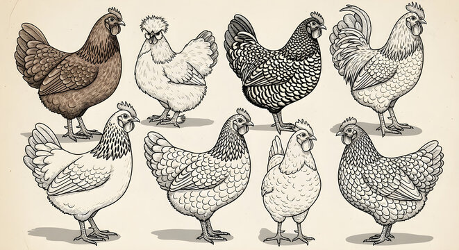 Black and White Artistic Sketches of Chicken Breeds in Vintage Style