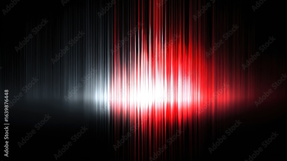 Poster multicolored sound wave patterns emerge in red and white, contrasted against a dark backdrop. the dy