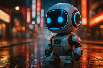 A cute small AI robot with glowing blue eyes stands on a wet street in a futuristic, neon-lit cyberpunk city at night.