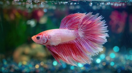 Obraz premium A betta fish with striking red and white colors glides gracefully through clear water in an aquarium. Colorful pebbles are visible at the bottom, and bubbles rise, adding a lively touch.