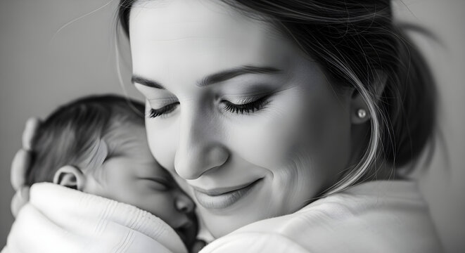 Emotional black and white close-up of mother holding newborn - Powered by Adobe