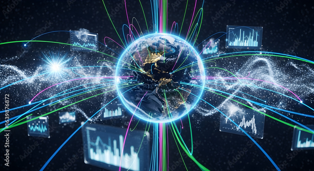 Aufkleber global search data analysis with rotating earth and data streams