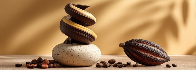 Elegant chocolate spiral tower on ceramic base with cocoa pod and beans