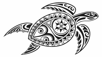 Stylized black and white tribal turtle design with intricate patterns and swirling details on its shell