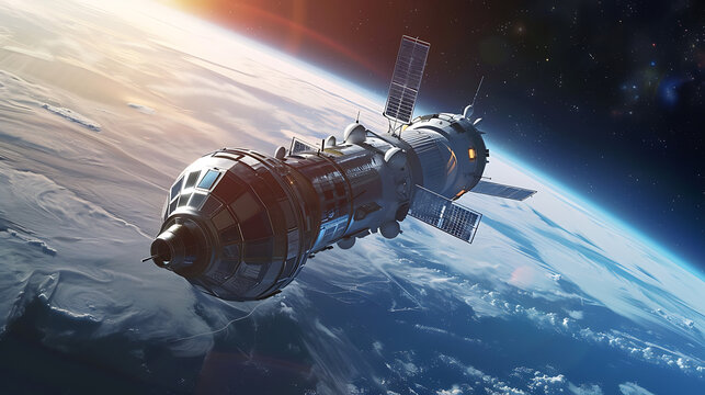 Futuristic spaceship  orbiting a planet with a breathtaking view of space and clouds below.