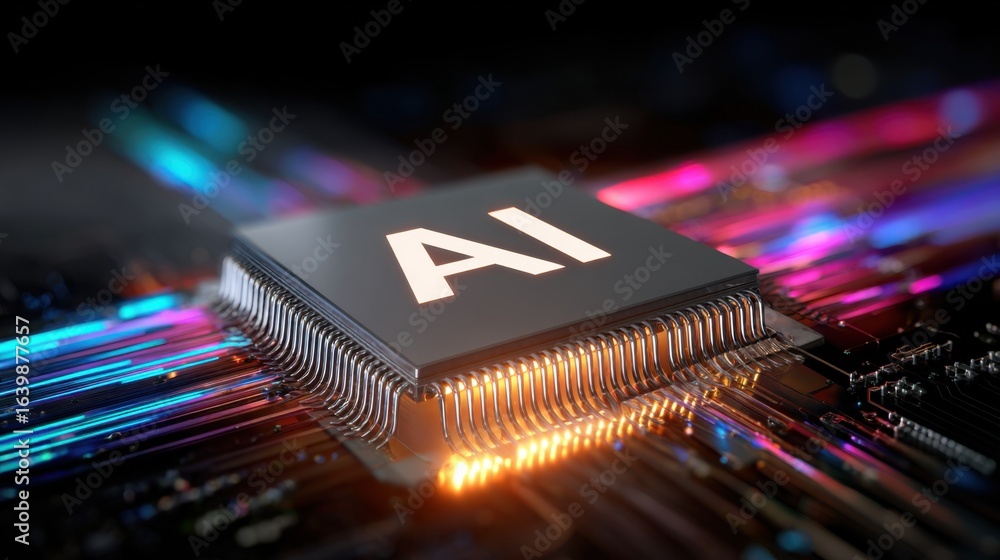 Poster microchip featuring ai technology is displayed prominently among colorful circuit lines, showcasing 