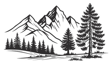 Black and white outline drawing of mountains and pine trees in a nature landscape scene design vector © ahmad hussain