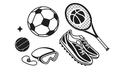 Assorted sports equipment featuring soccer ball tennis racket and athletic shoes in black and white style