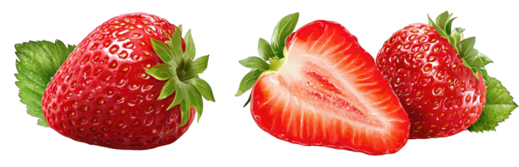 Two fresh strawberries, one whole and one sliced