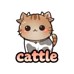cat, cow, cattle, cattile, animal pun, pun, wordplay, kawaii, cartoon, cute, adorable, bright pastel, pastel shades, big eyes, funny, humor, joke, animal costume, cow outfit, farm animal, domestic cat