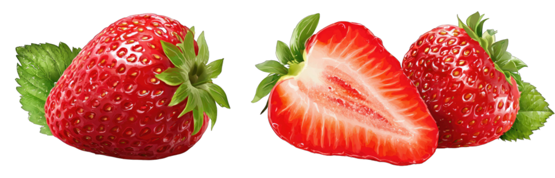 Two fresh strawberries, one whole and one sliced