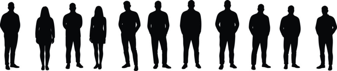 Silhouettes of diverse business people standing in a row, professional attire, formal posture, corporate team, office environment, diversity