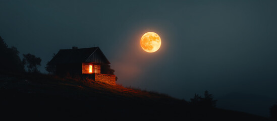 Old abandoned wooden house on hill with glowing windows under giant halloween full moon in misty night. 