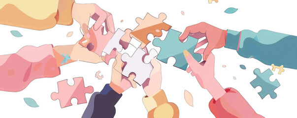 Diverse hands working together to assemble a jigsaw puzzle.  Many colored puzzle pieces are in various stages of being put together.  The hands are light-skinned and various shades of pastel colors