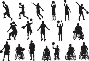 Silhouettes of basketball players in action, dribbling, shooting, passing, including wheelchair basketball athletes, sports, teamwork, inclusive basketball game